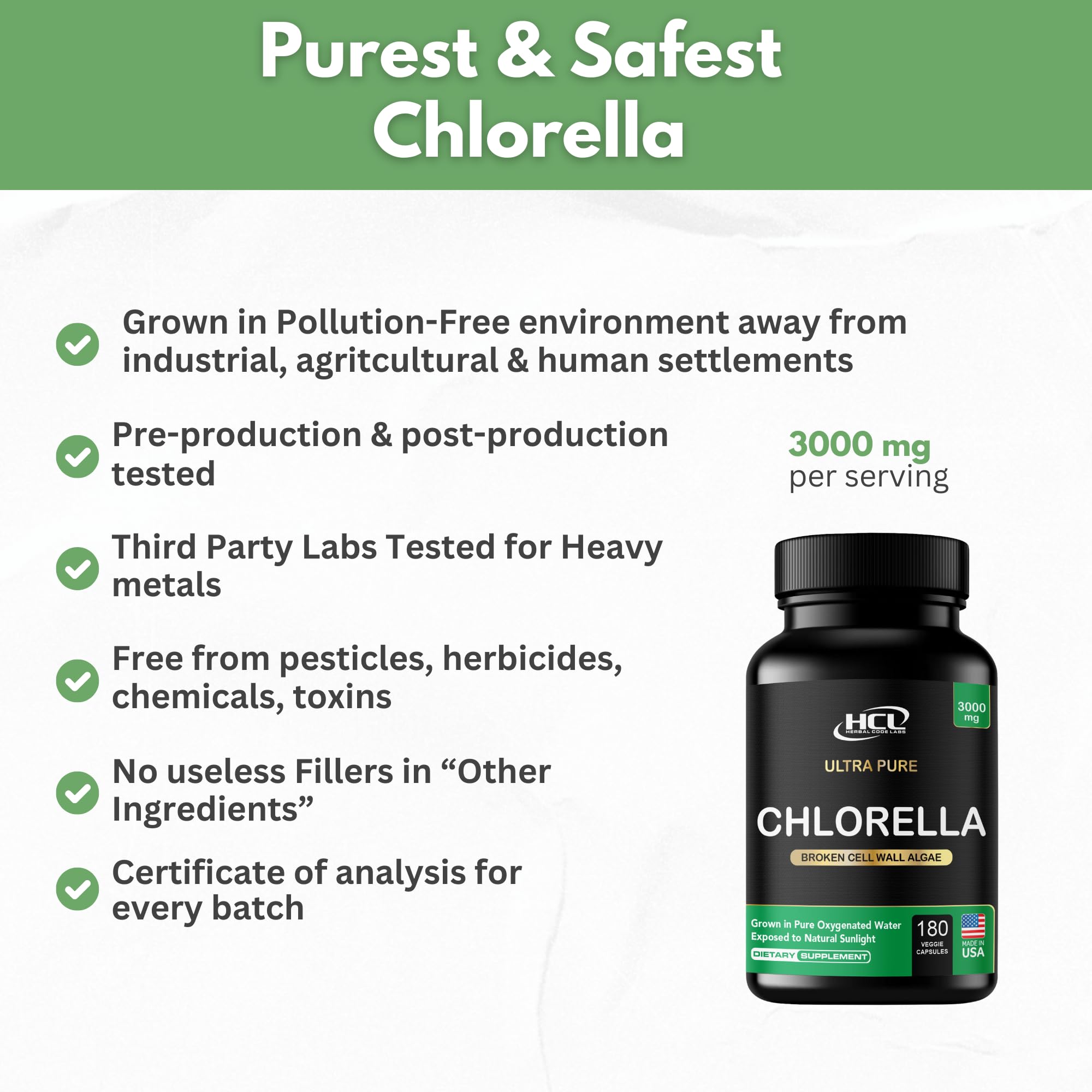 Close-up of vegan Chlorella capsules