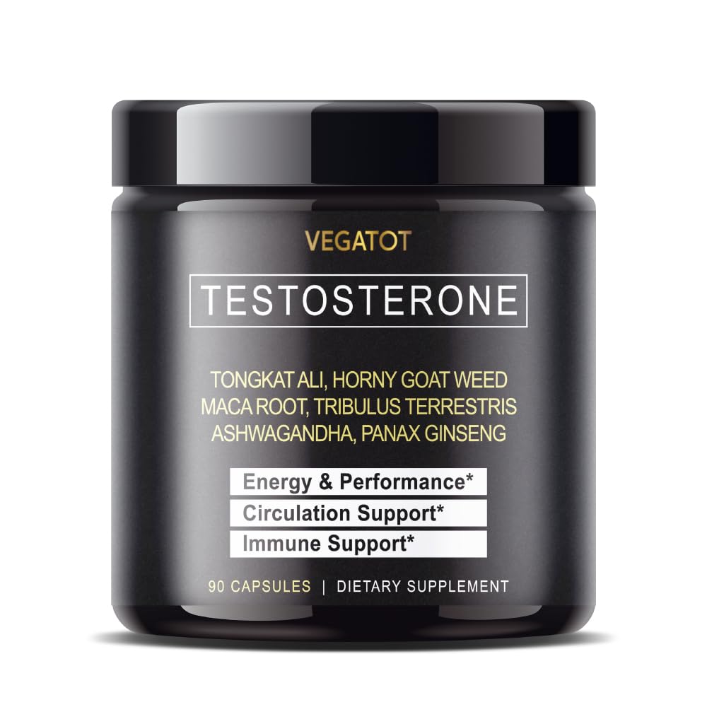 VEGATOT 8-In-1 Testo Support bottle closeup demonstrates energy-boosting herbal blend.