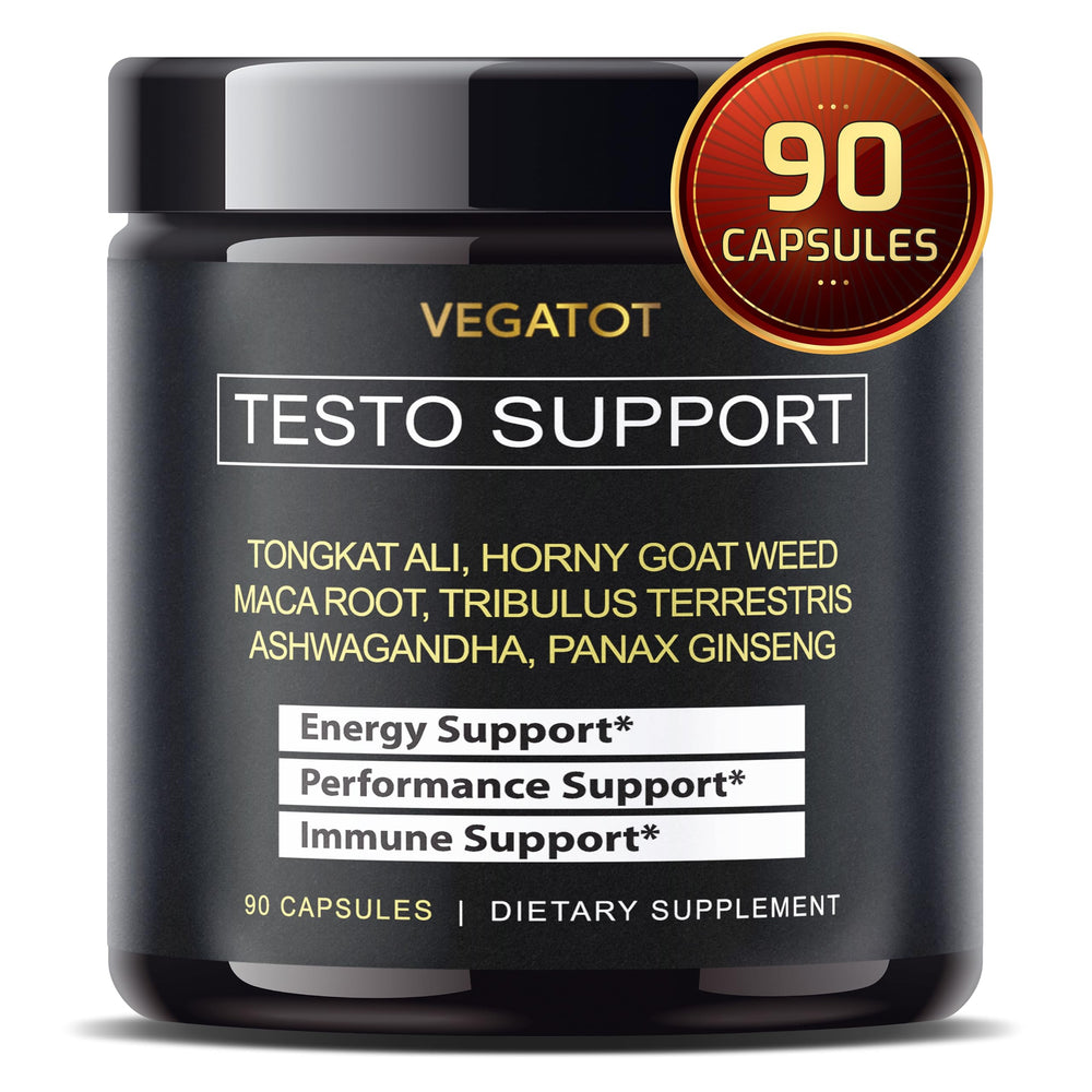 VEGATOT 8-In-1 Testo Support bottle closeup demonstrates energy-boosting herbal blend.