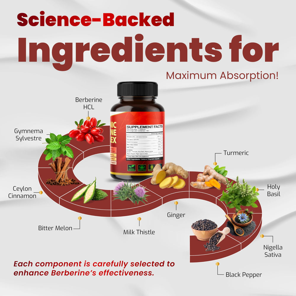 Close-up of key ingredients including Berberine, Gymnema, Cinnamon, and Bitter Melon