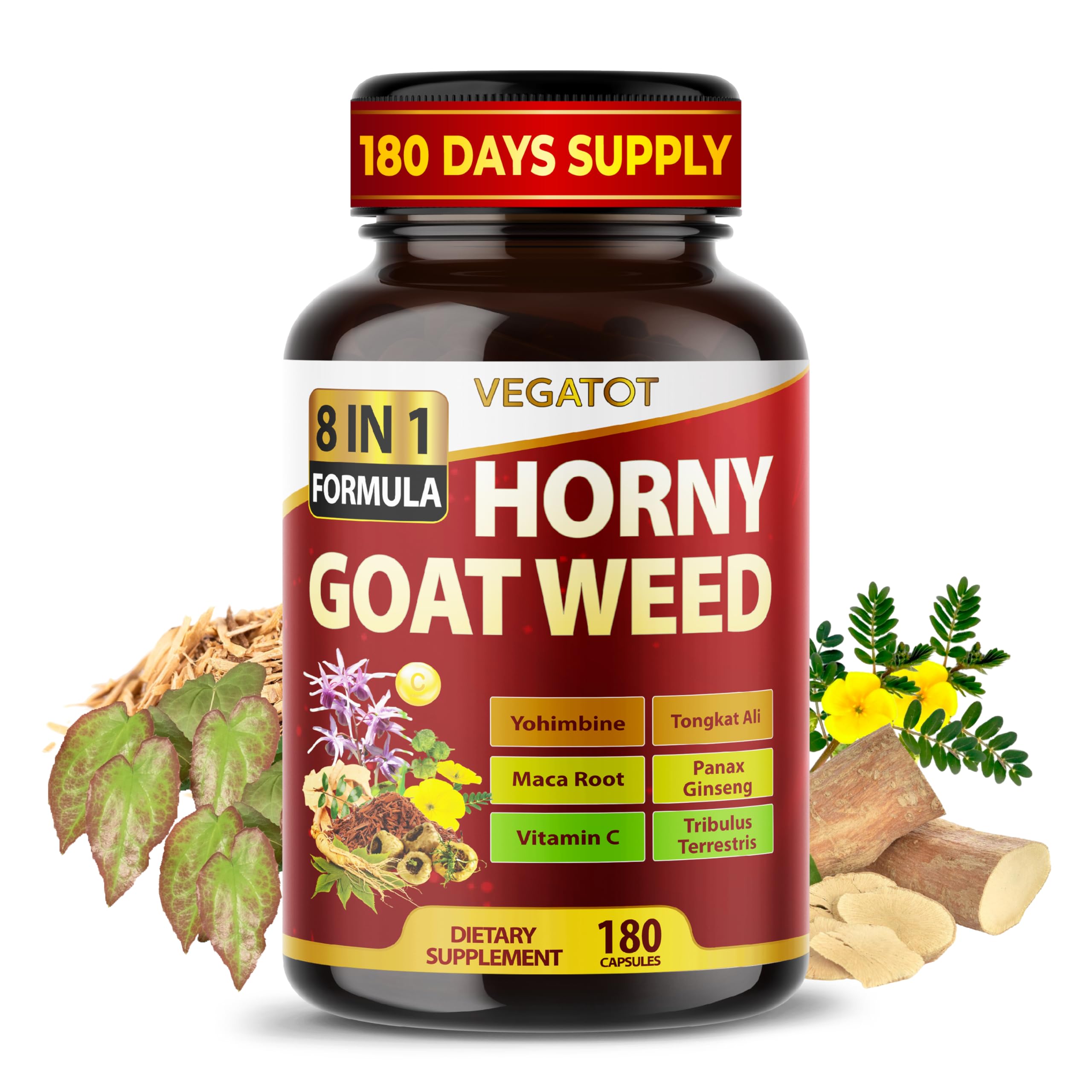 Front view of Vegatot Horny Goat Weed 600 mg 8-in-1 180-caps bottle