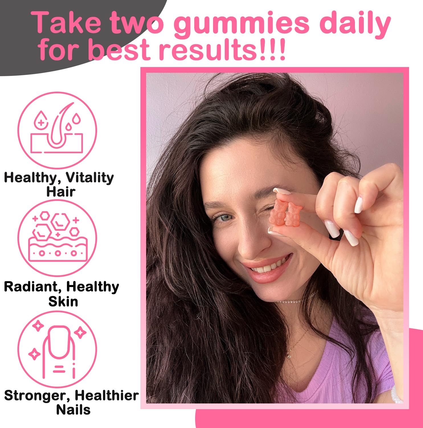 Close-up of strawberry-flavored Biotin Gummies for hair growth