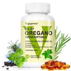 Front view of VEGEPOWER 4-in-1 Oil of Oregano vegan softgels bottle