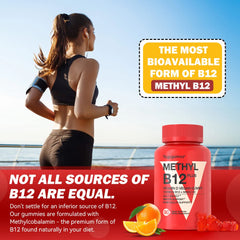 Orange-flavored chewable B12 with D3 gummies on white background