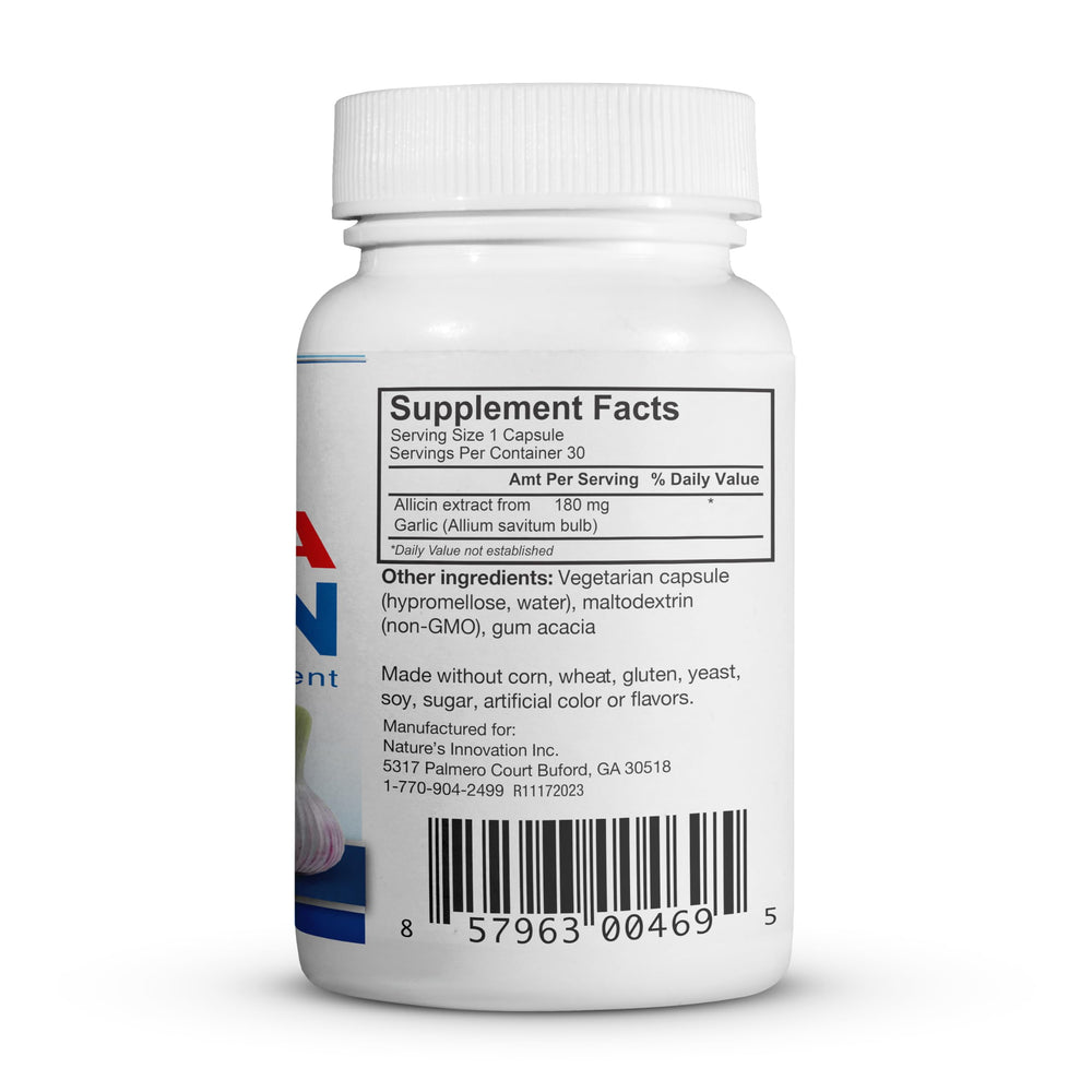 Vegetarian capsule made from garlic-derived allicin (Allium sativum).