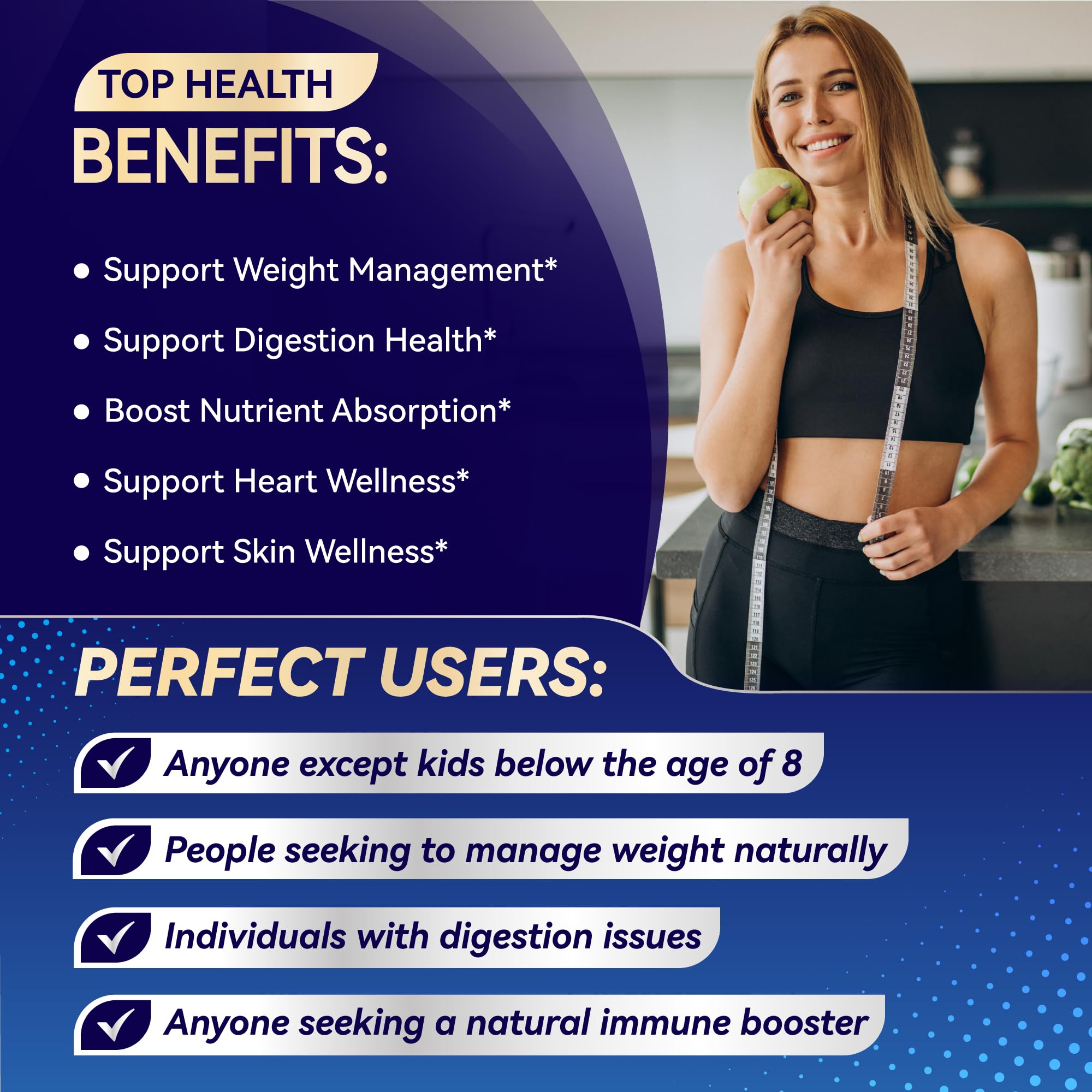 Label showing vegetarian, non-GMO, and gluten-free attributes for the supplement.