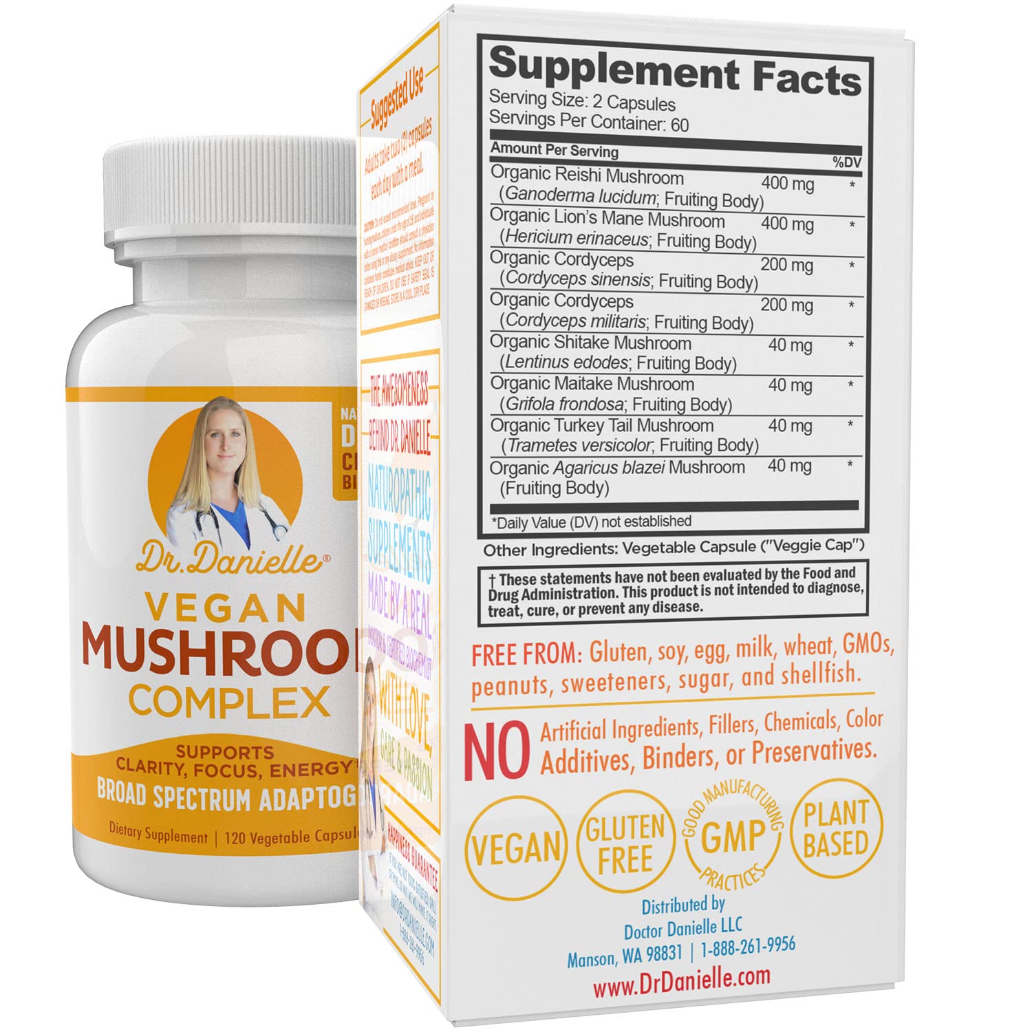 Bottle showing 120 veggie caps of Organic Mushroom Complex