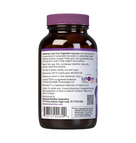 Front view of 60 vegetable capsules in a blue bottle for Eye Care.