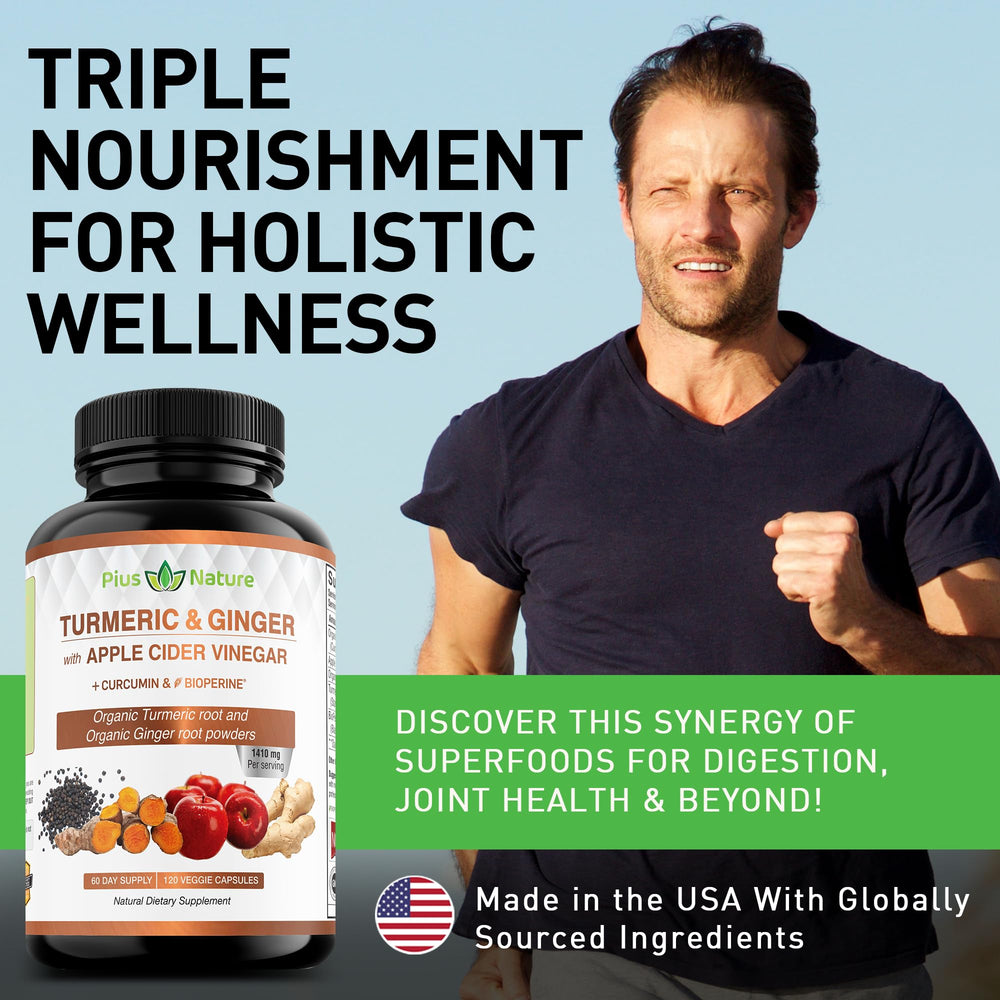 Front view of bottle with 120 veggie capsules featuring turmeric, ginger, and apple cider vinegar blend