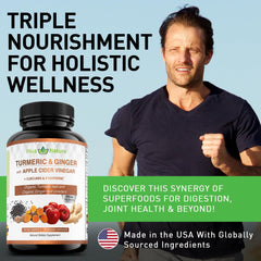 Front view of bottle with 120 veggie capsules featuring turmeric, ginger, and apple cider vinegar blend