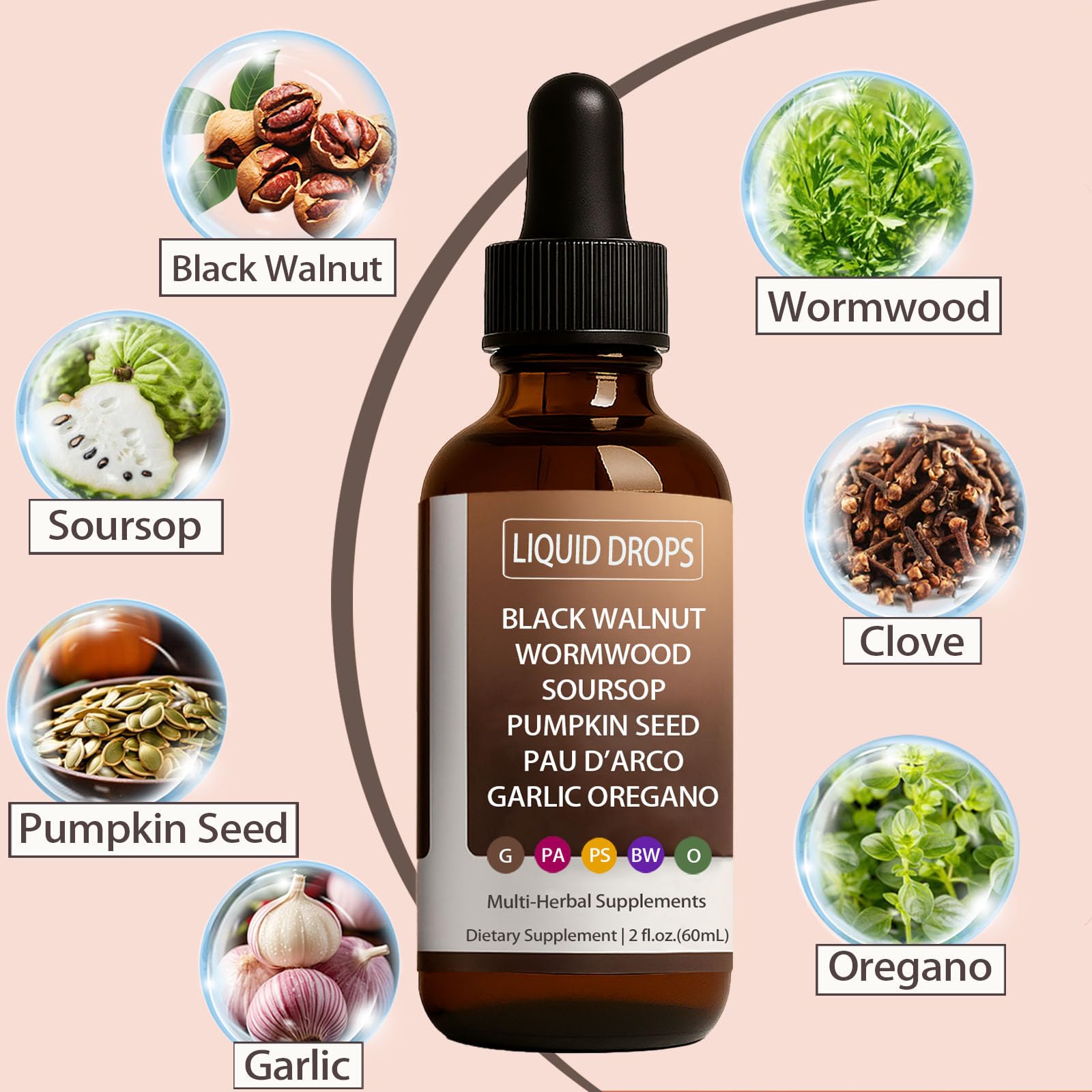 Dropper dispensing wormwood and walnut liquid for gut health