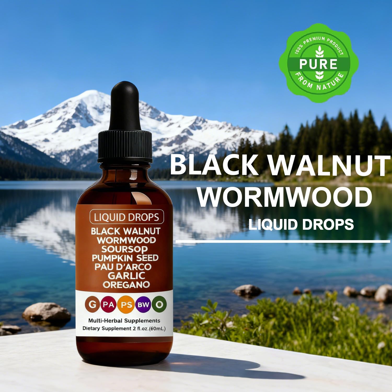 Label highlights ingredients: black walnut, wormwood, clove, soursop