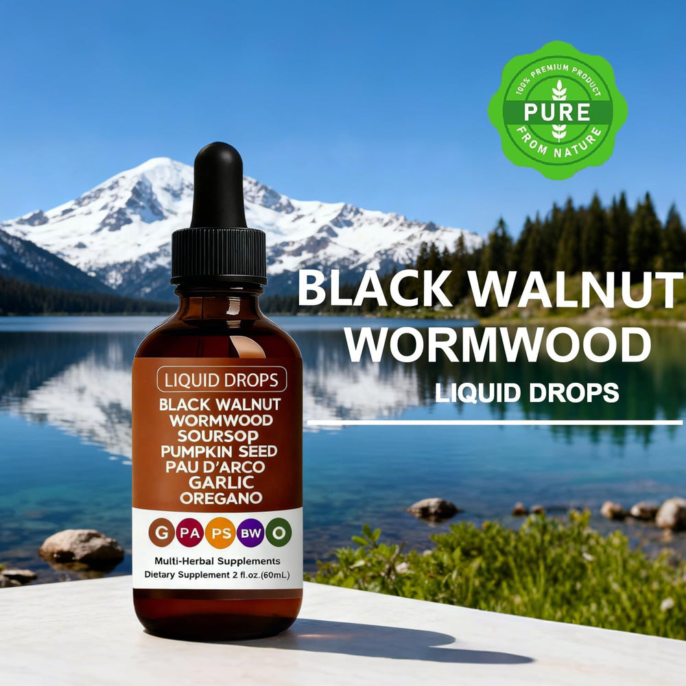 Label highlights ingredients: black walnut, wormwood, clove, soursop