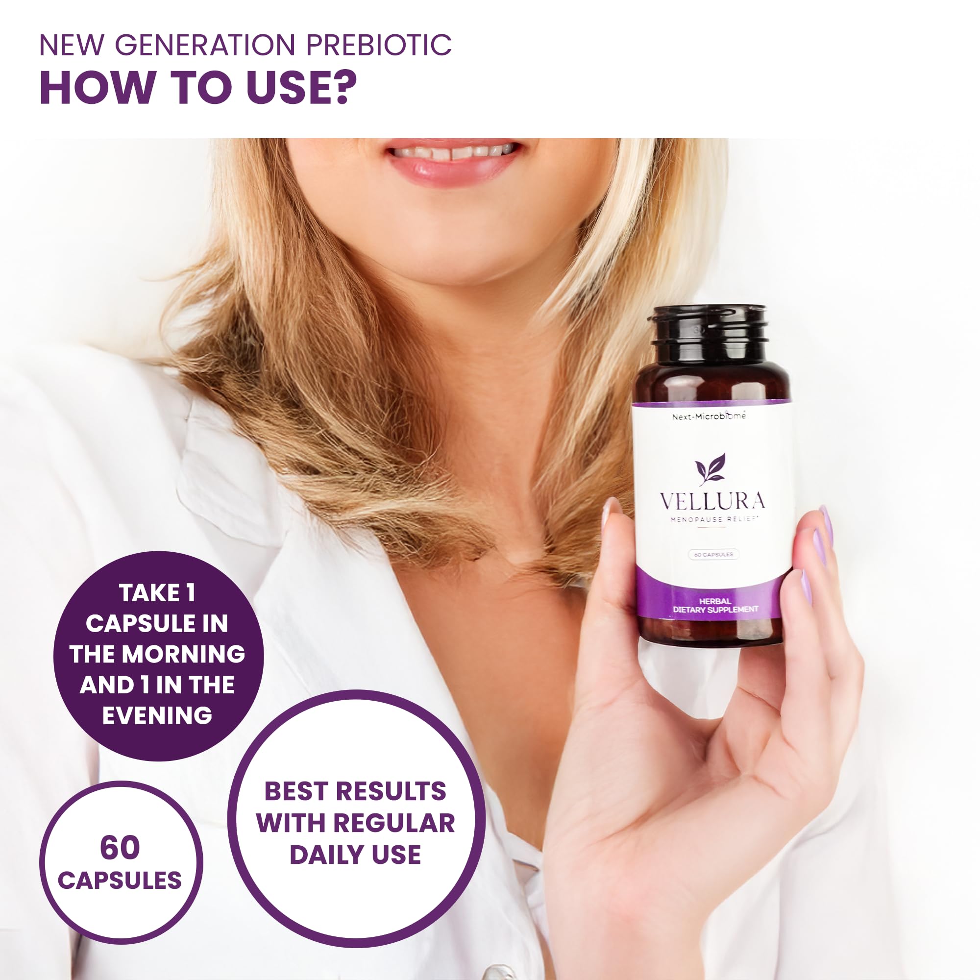 Dosing guide showing taking two capsules daily with meals