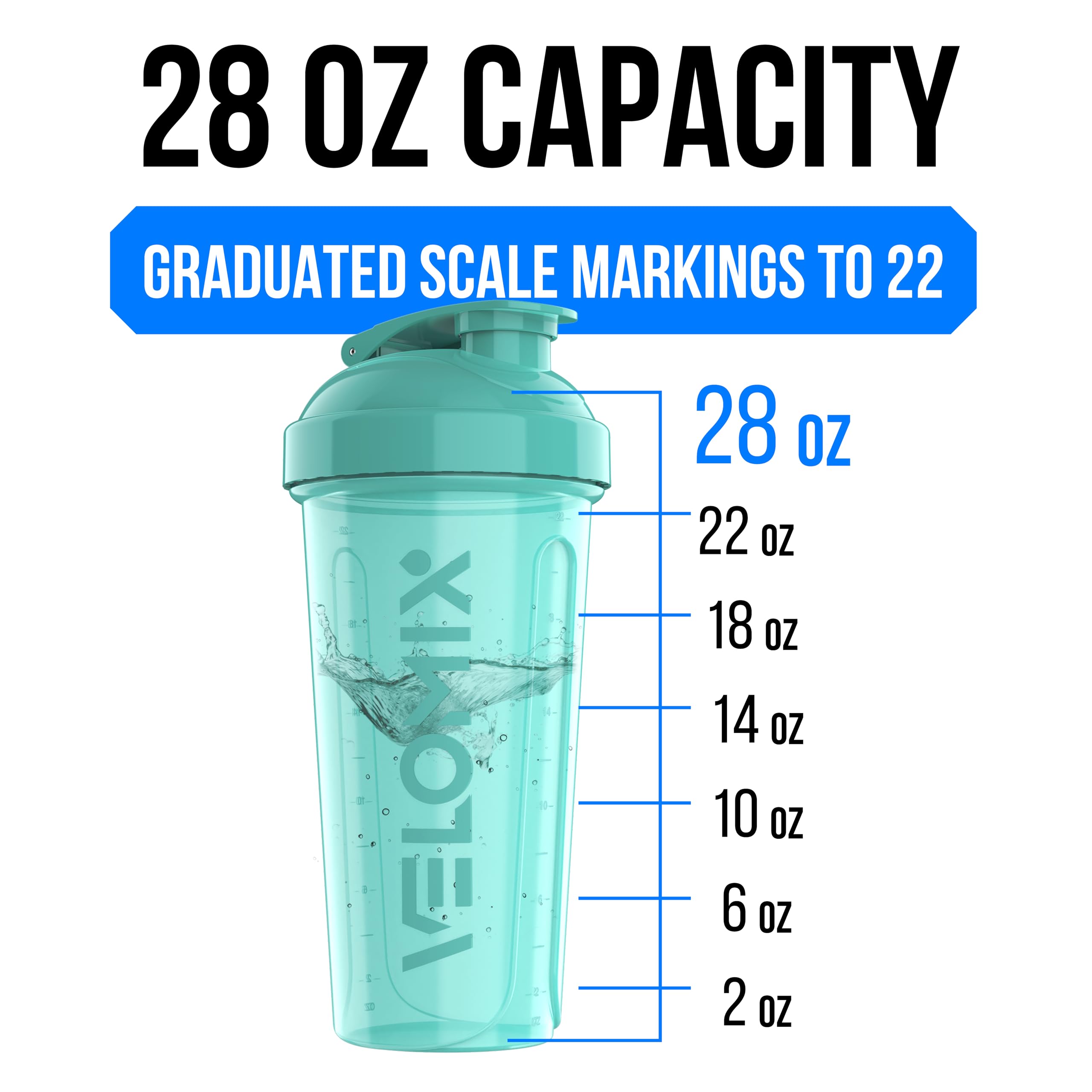 VELOMIX 6-pack 28oz protein shaker bottles – cap close-up