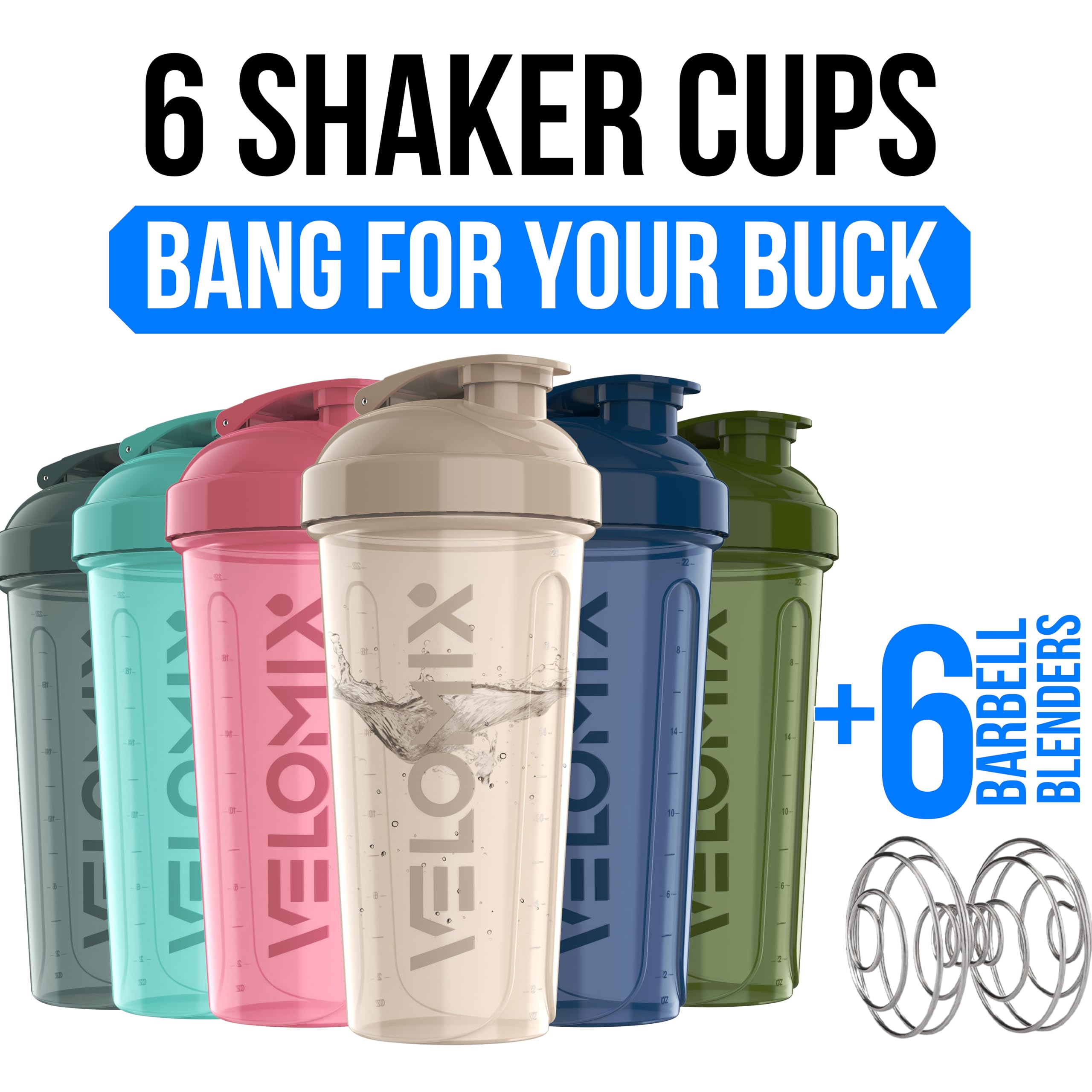 VELOMIX 6-pack 28oz protein shaker bottles – side view