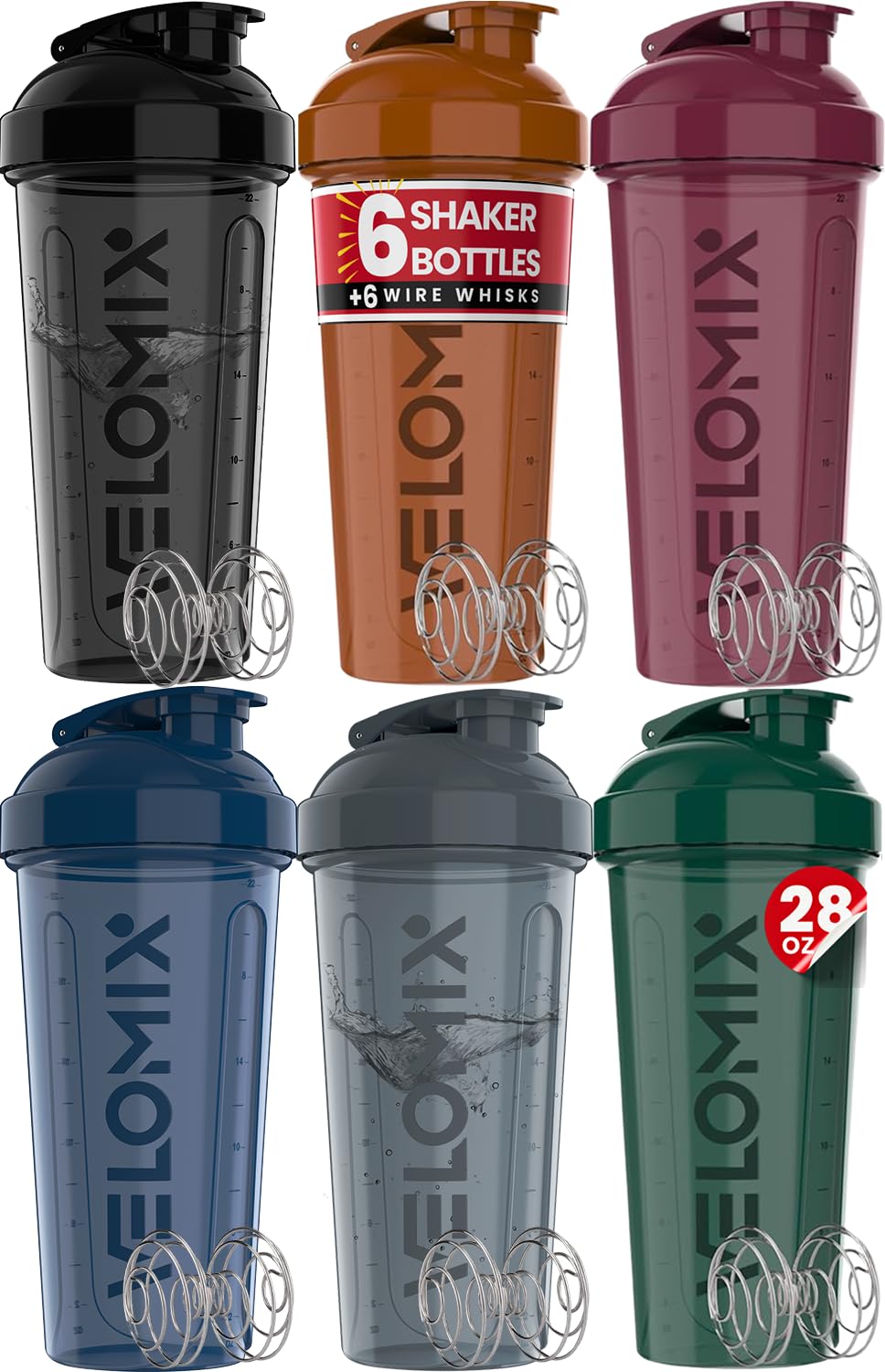 Velomix 6-pack 28oz protein shaker bottles – front view