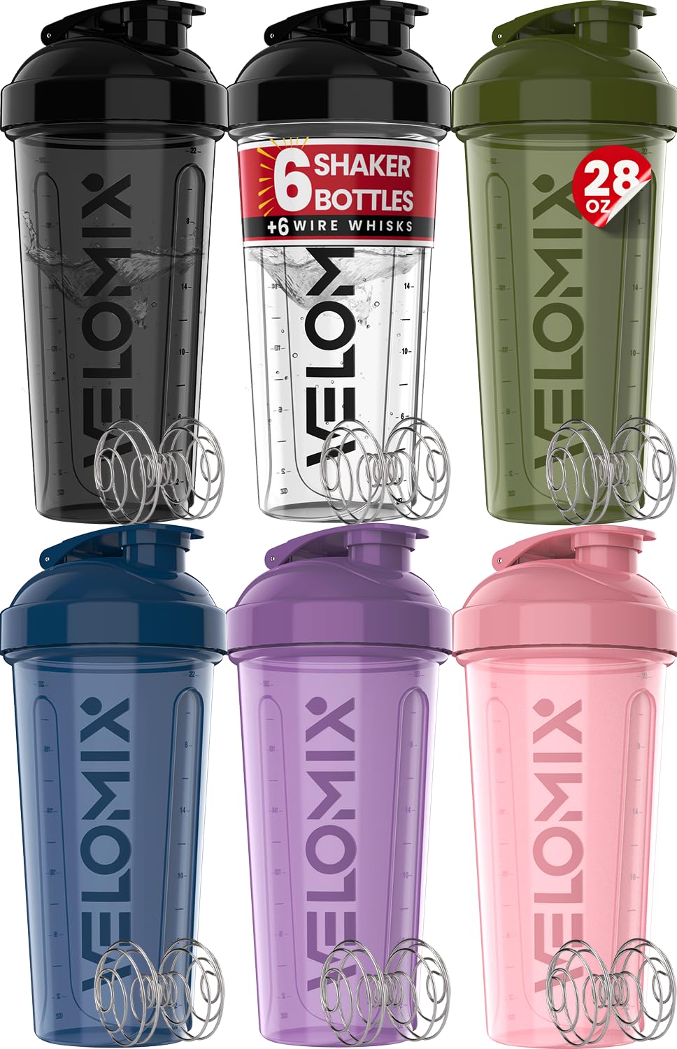 Six Velomix Core Series 28 oz protein shaker bottles in assorted colors - front view (1 of 6)