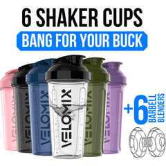 Six Velomix Core Series 28 oz protein shaker bottles in assorted colors - side view (2 of 6)