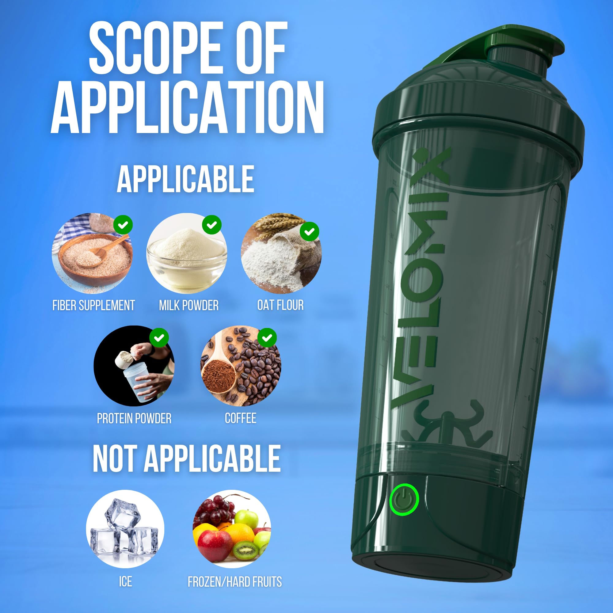 All angles of VELOMIX Electric Protein Shaker Bottle Green
