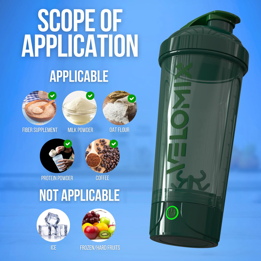 All angles of VELOMIX Electric Protein Shaker Bottle Green