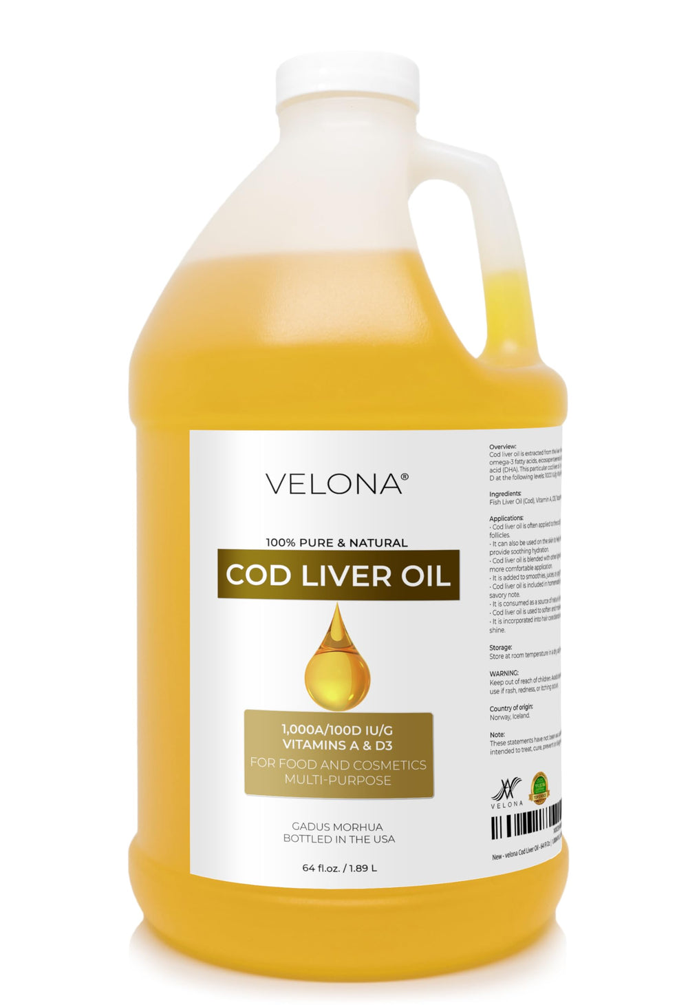 Velona cod liver oil bottle 64 oz on a white background