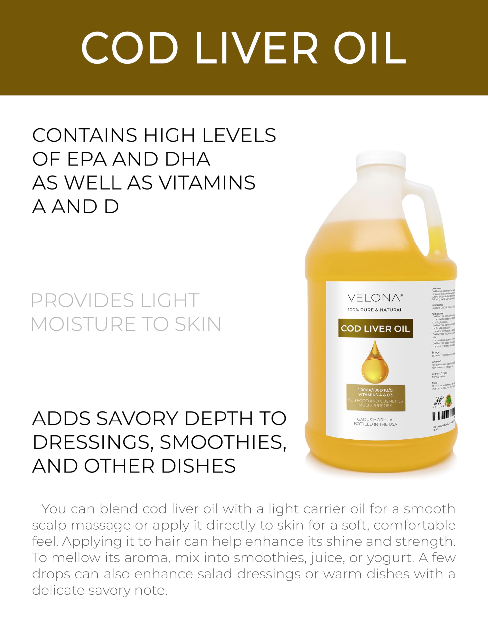 Close-up of omega-3 and vitamins A & D3 content in Velona cod liver oil