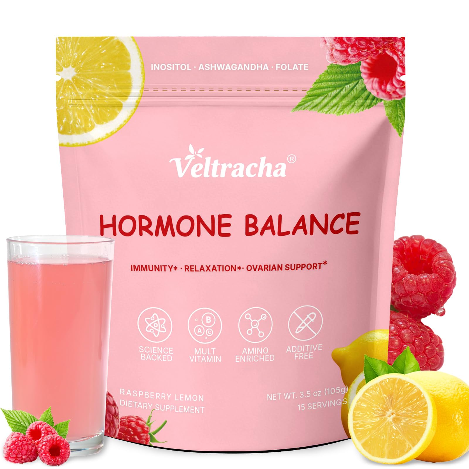 Veltracha front packaging jar showing raspberry lemon flavor and serving count, clear benefits