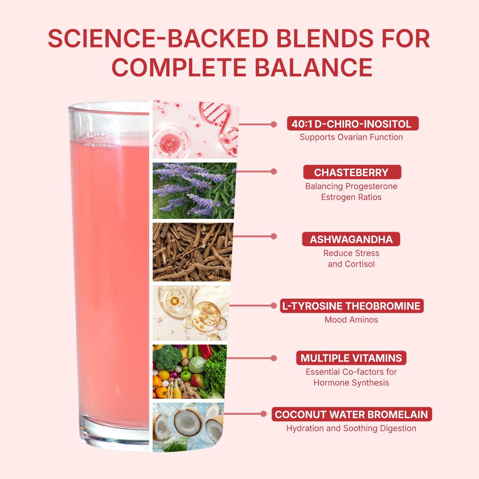 Veltracha ingredients flat lay featuring inositol, adaptogens and amino acids, nutrient support