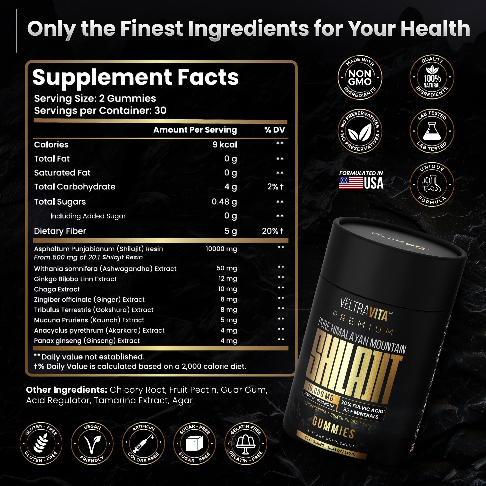 Front packaging of VeltraVita Shilajit Gummies with key ingredients listed