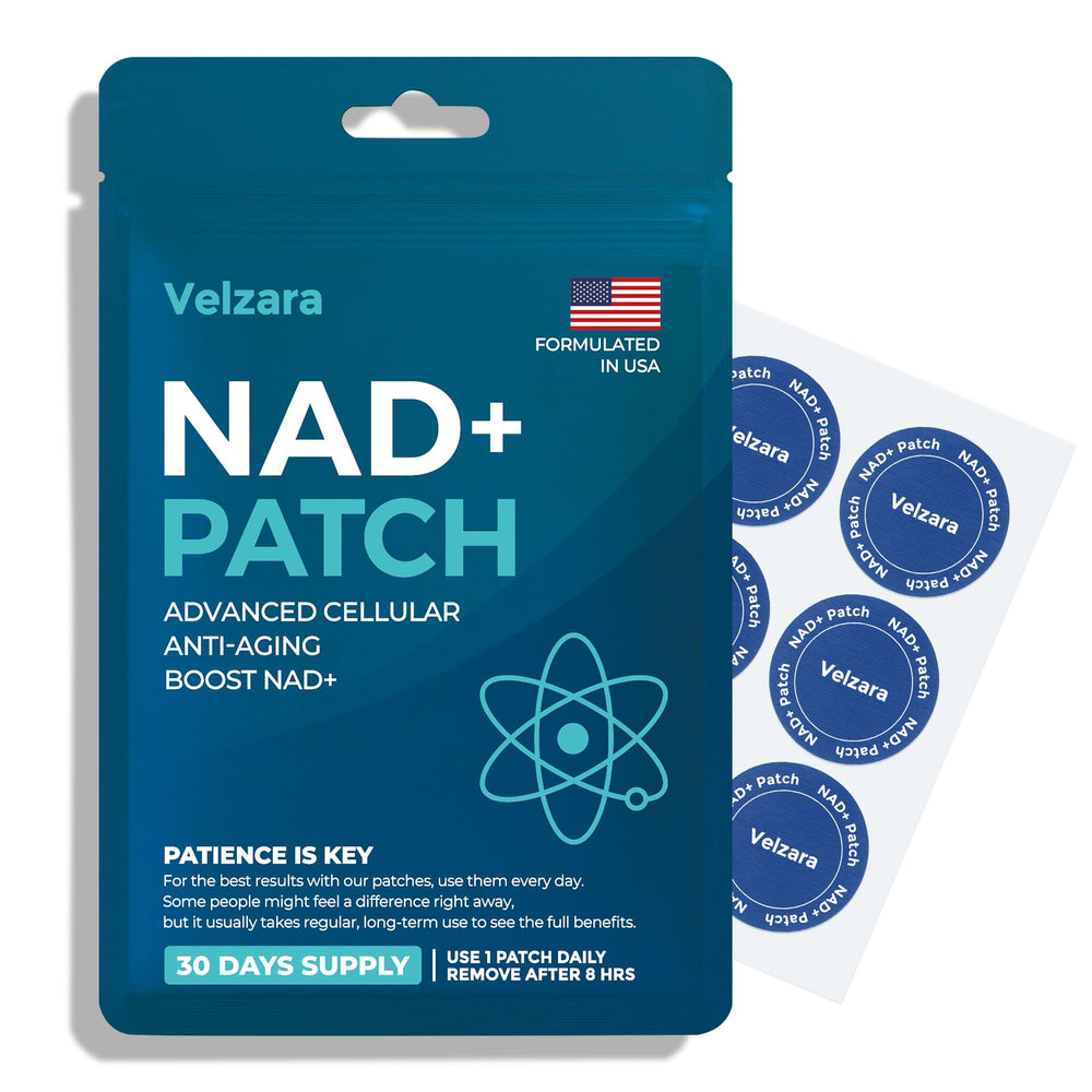 Velzara NAD+ Patches packshot showing vegan, 30 patches
