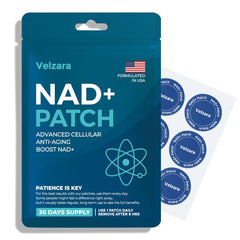 Velzara NAD+ Patches packshot showing vegan, 30 patches