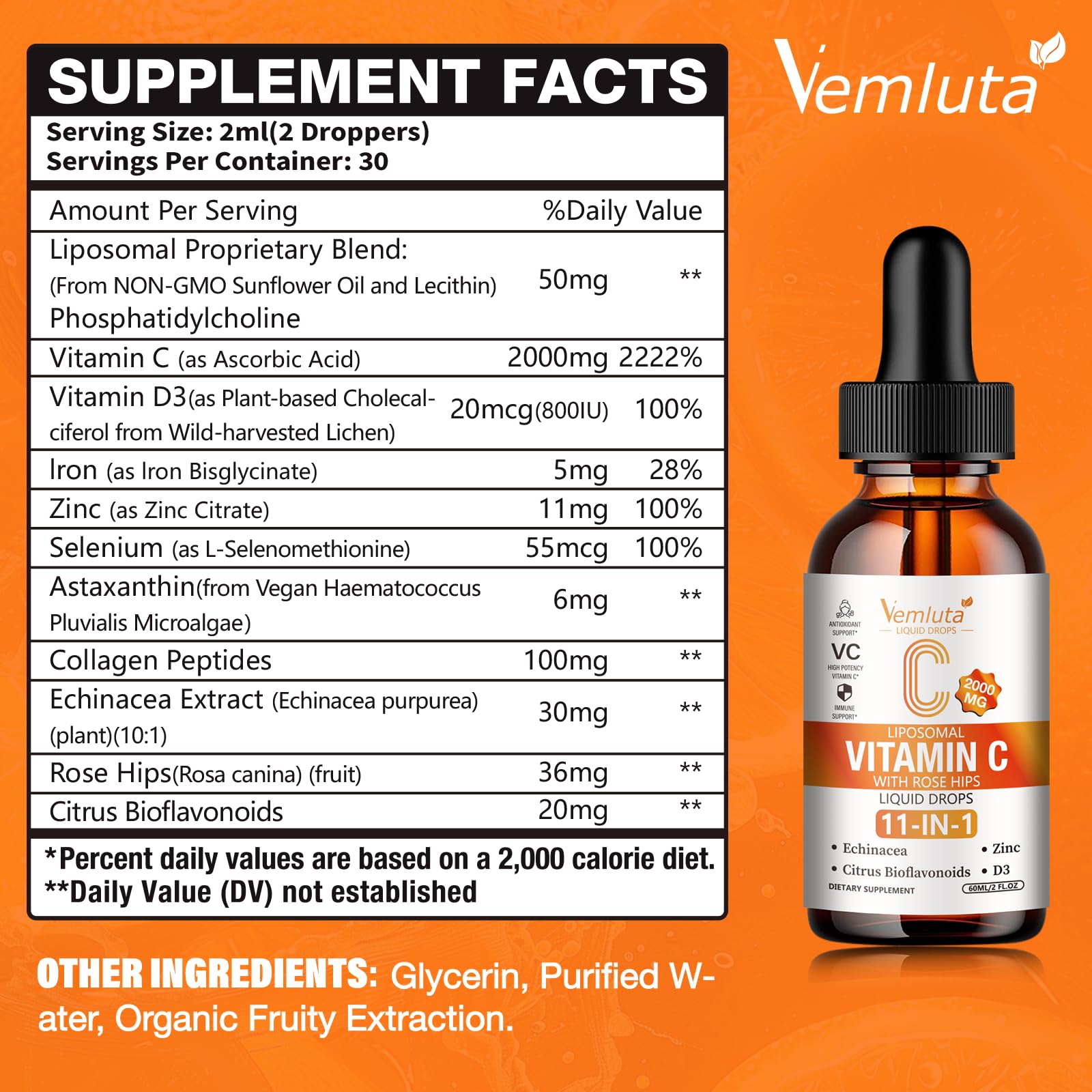Vemluta liposomal vitamin C 2000mg bottle label close-up