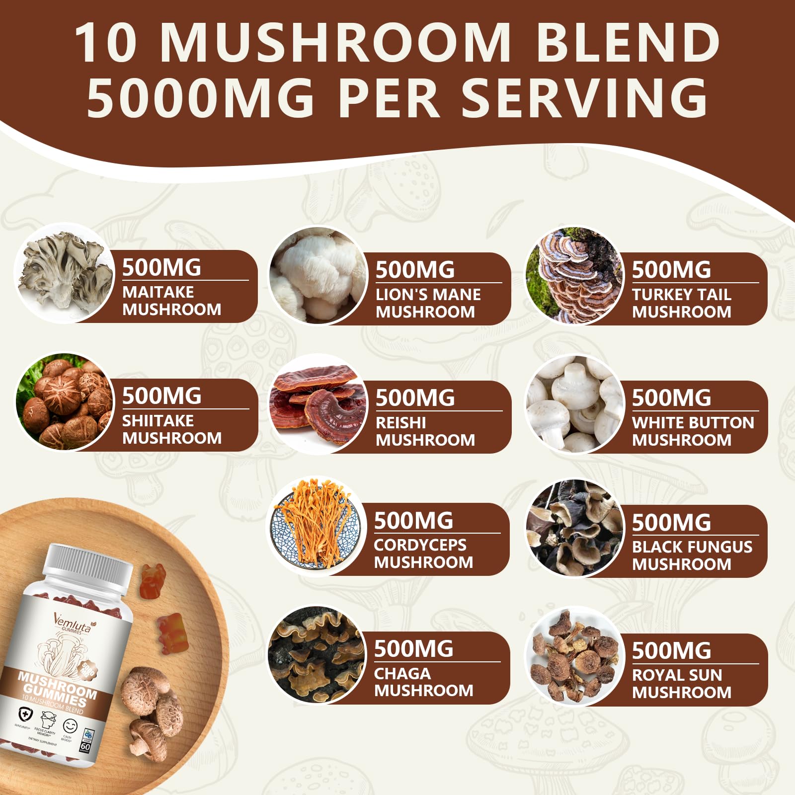 10-mushroom ingredient blend including Lion’s Mane and Reishi