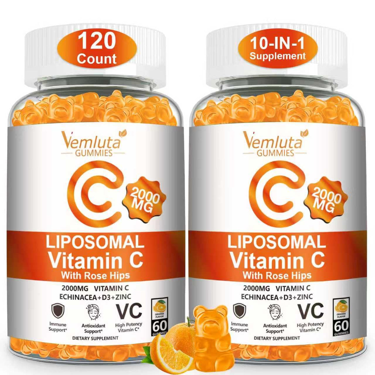 Vemluta liposomal vitamin C gummies orange flavor, 120 count, 2-pack box