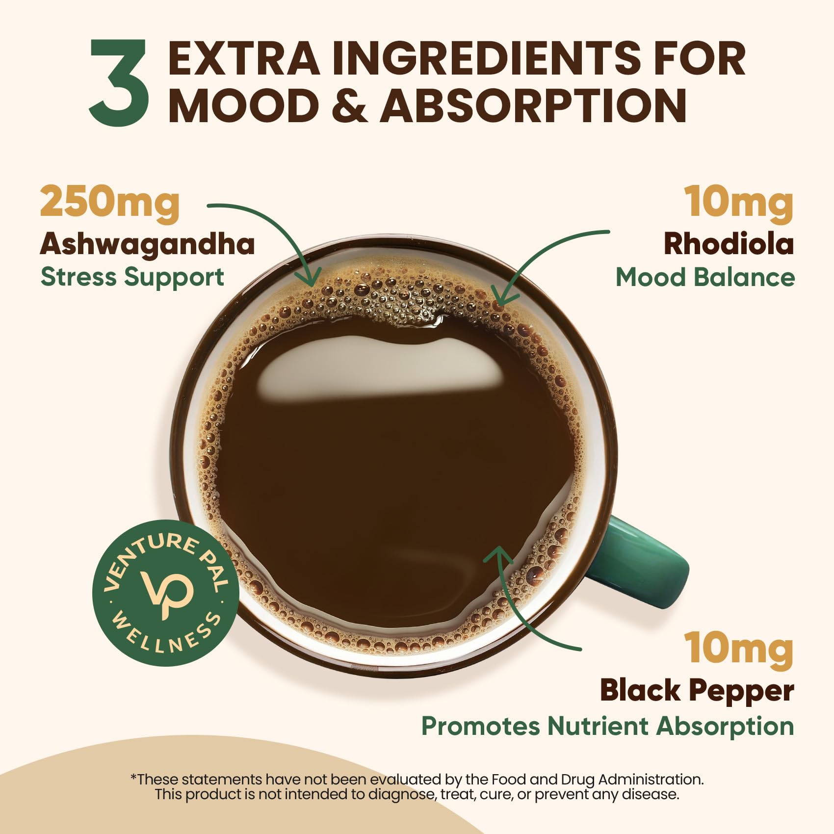 Graphic showing focus and energy benefits of the mushroom powder
