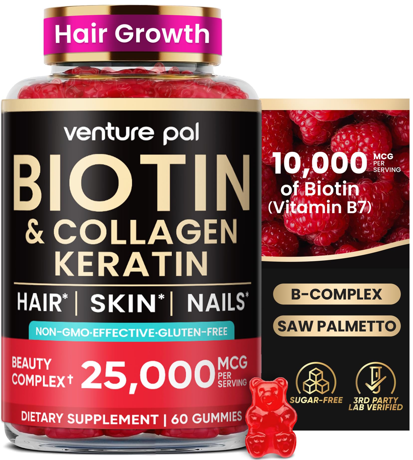 Front view of Venture Pal Biotin Gummies bottle with Collagen & Keratin