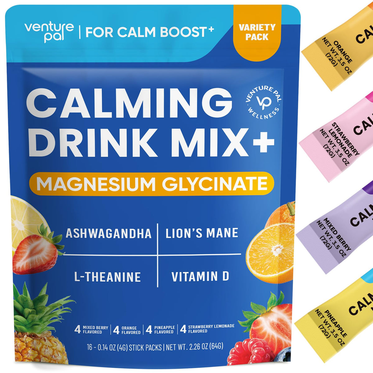 Front view of Venture Pal Calming Powdered Drink Mix packaging