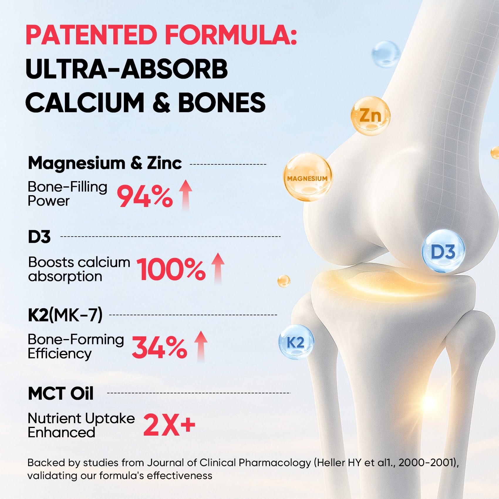 Graphic illustrating Vitamin D3, K2 MK-7, Magnesium, Zinc, and MCT oil
