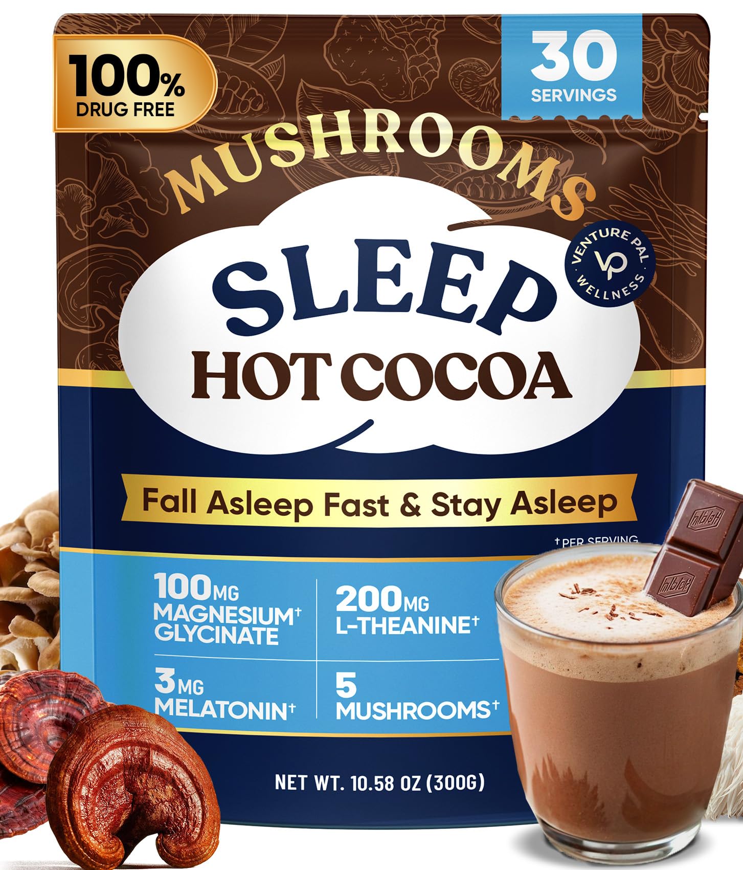 Front view of Venture Pal Mushroom Cocoa packaging