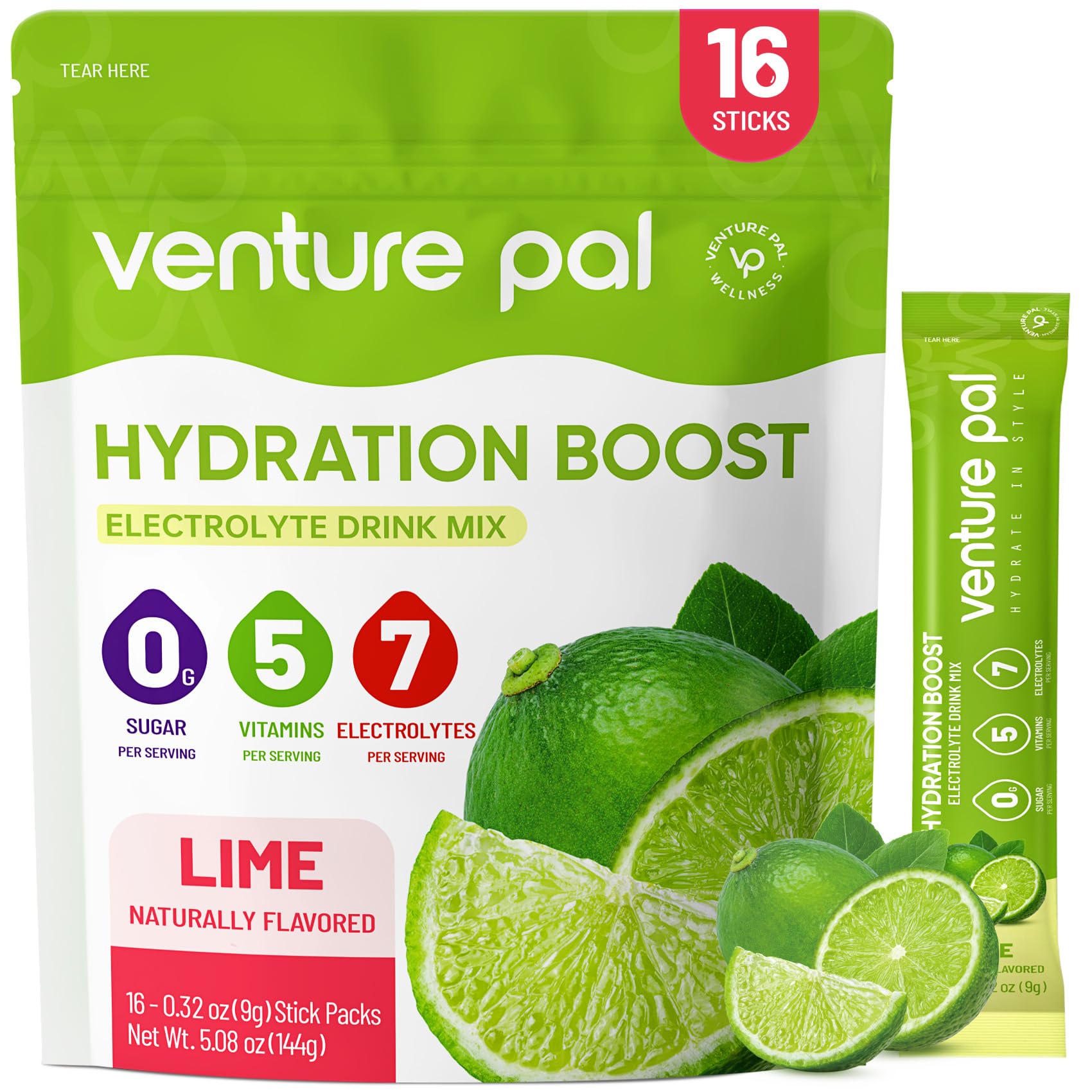 Venture Pal sugar-free electrolyte packets with 16 sticks on a white background