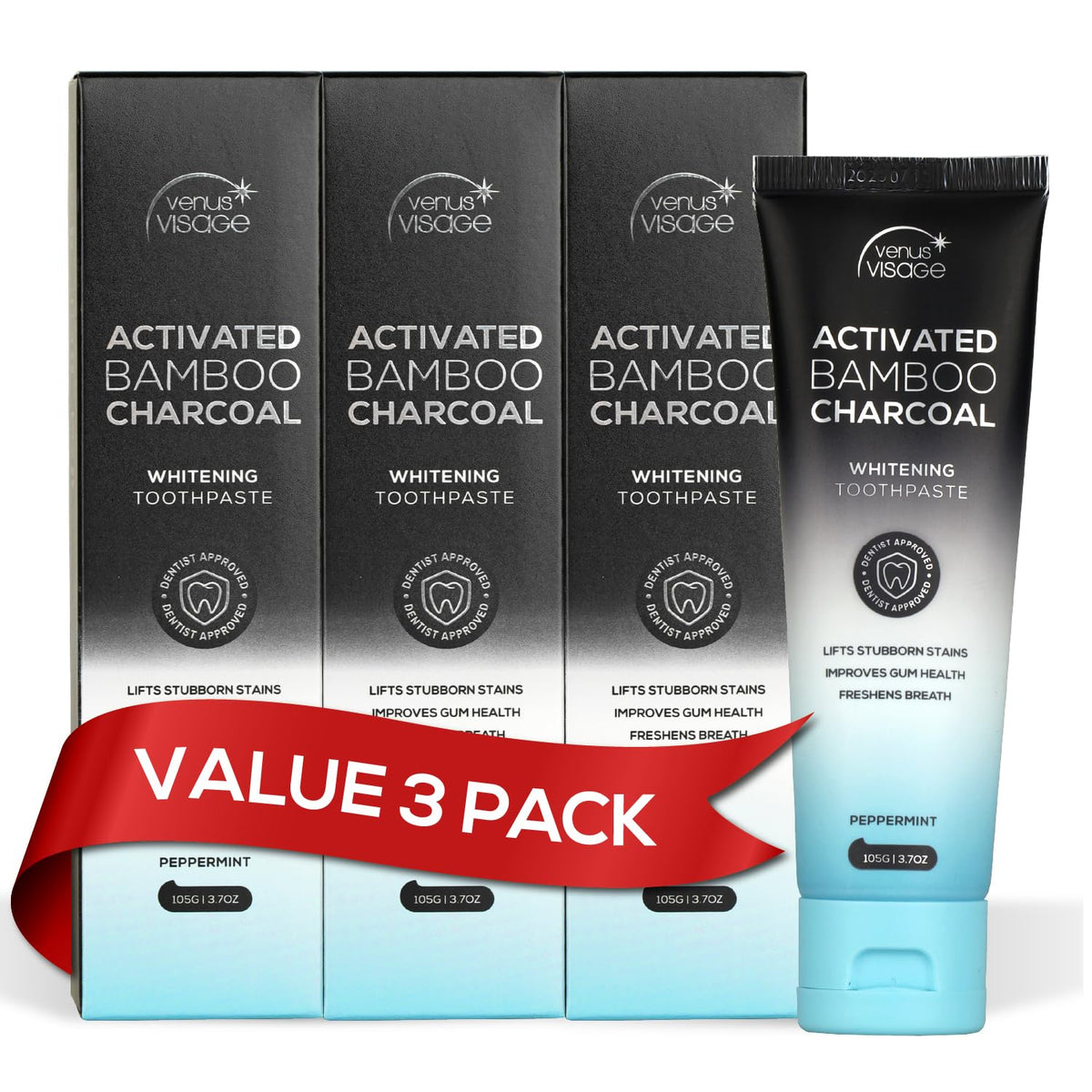 Venus Visage charcoal toothpaste 3-pack front view