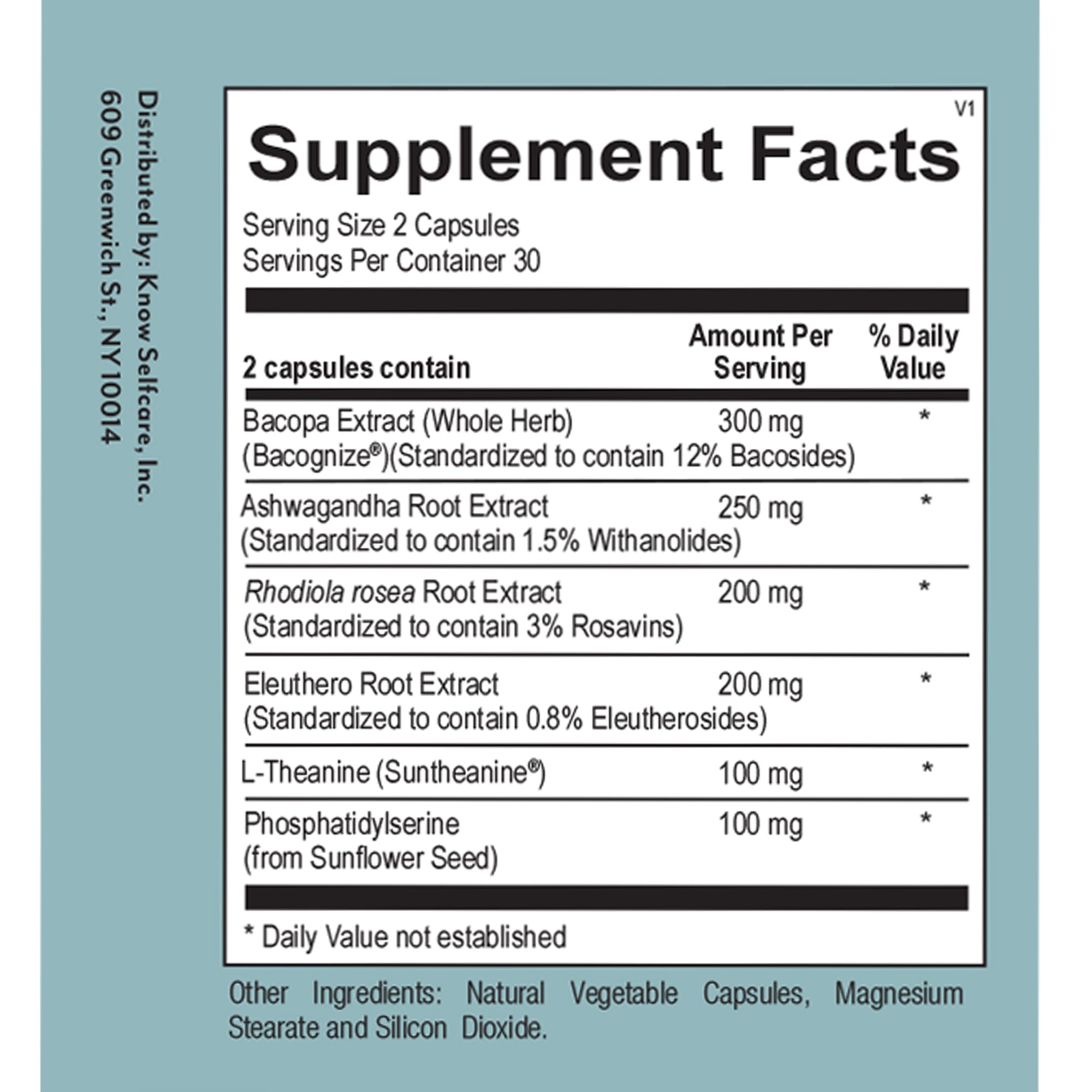 Veracity Cortisol Calming ingredients layout showing Ashwagandha, Rhodiola, Eleuthero
