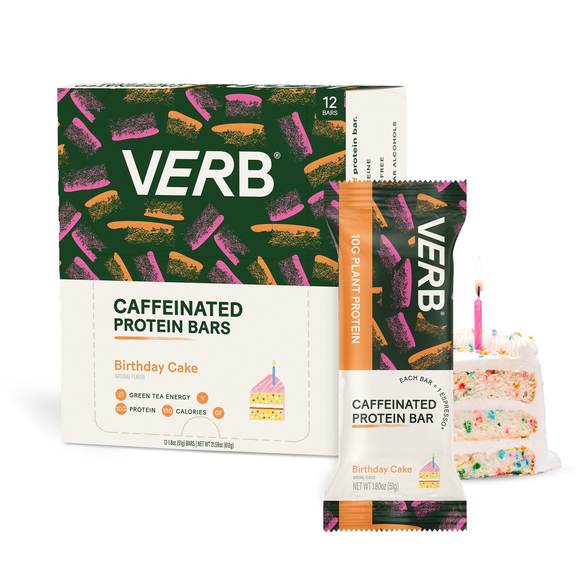 Verb Energy Bar Birthday Cake pack of 12 showing portable caffeinated snack