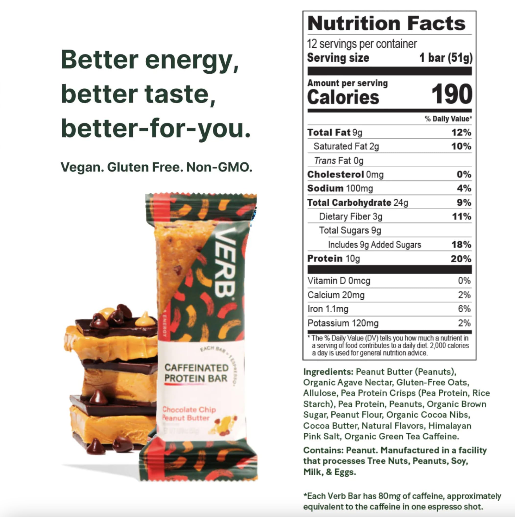 Verb Energy bar bite close-up reveals chocolate chips and peanut butter for creamy protein boost.