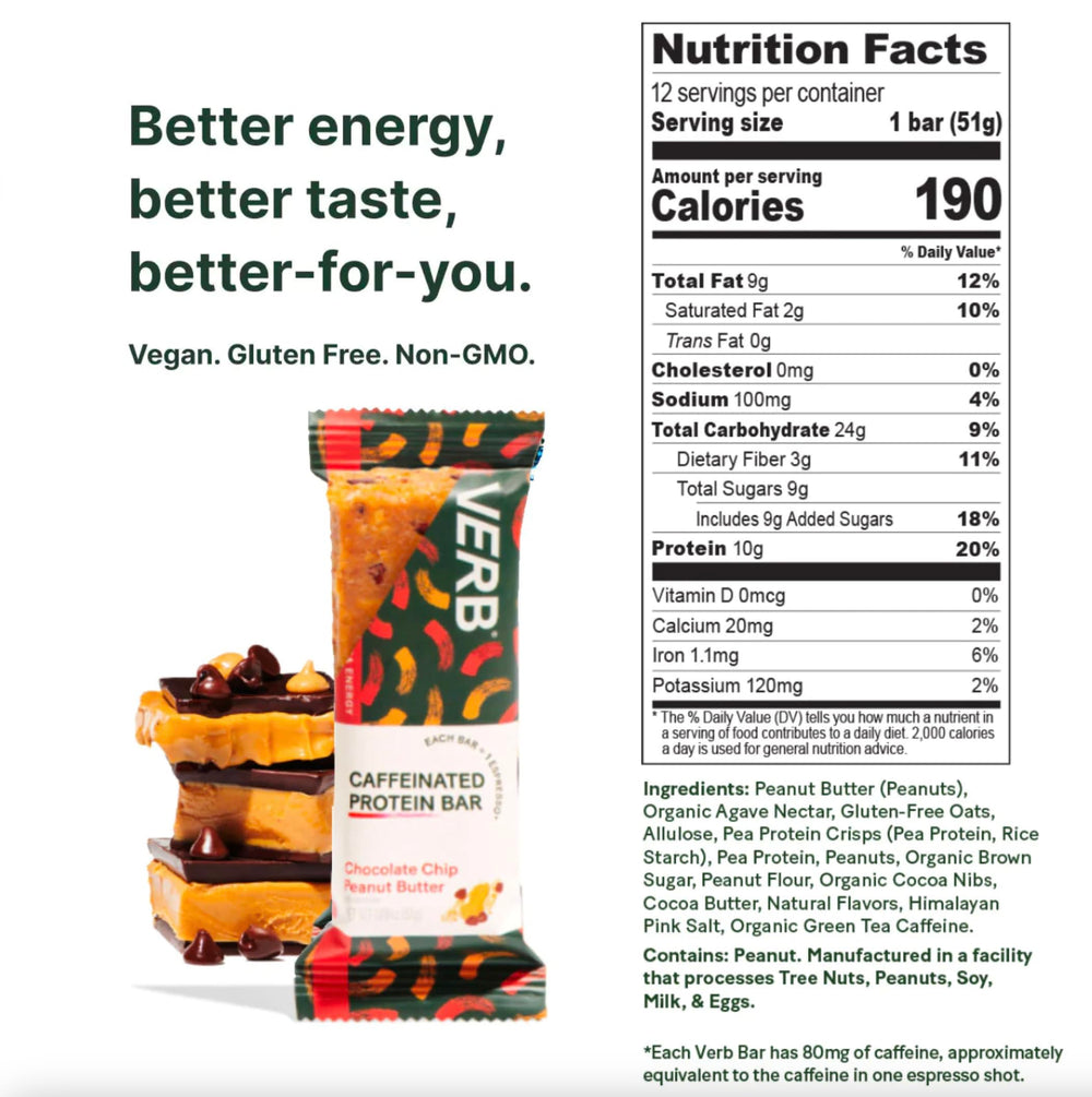 Verb Energy bar bite close-up reveals chocolate chips and peanut butter for creamy protein boost.