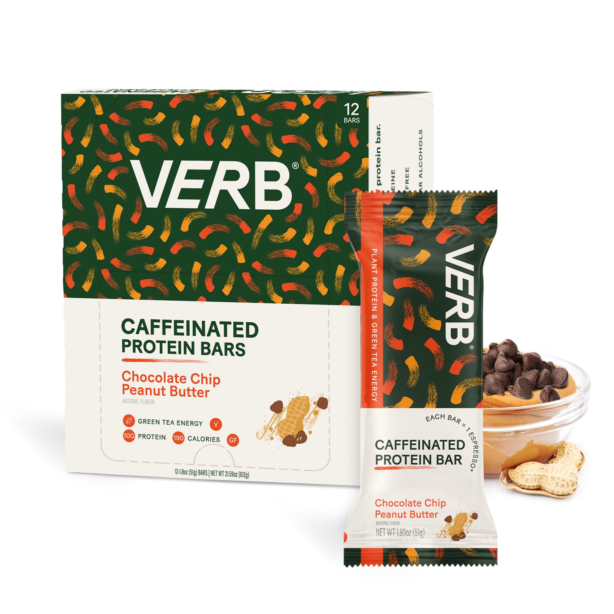 Verb Energy bar front-pack shows caffeinated vegan snack for on-the-go focus.