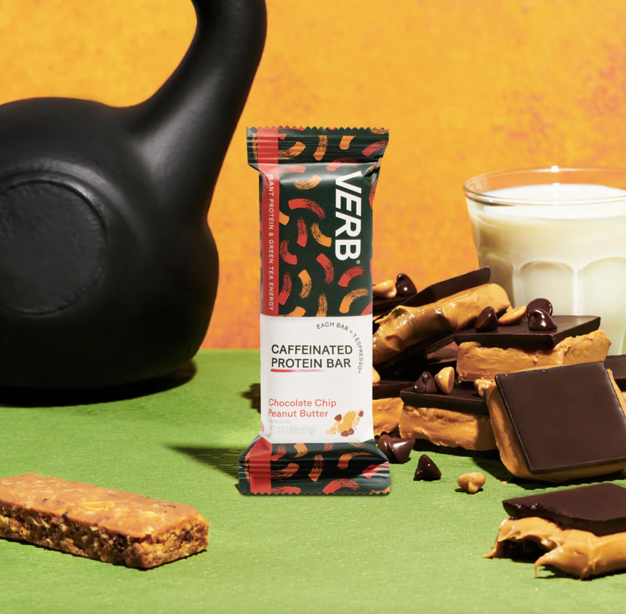 Verb Energy bar ingredients close-up highlights gluten-free oats and organic green tea caffeine.