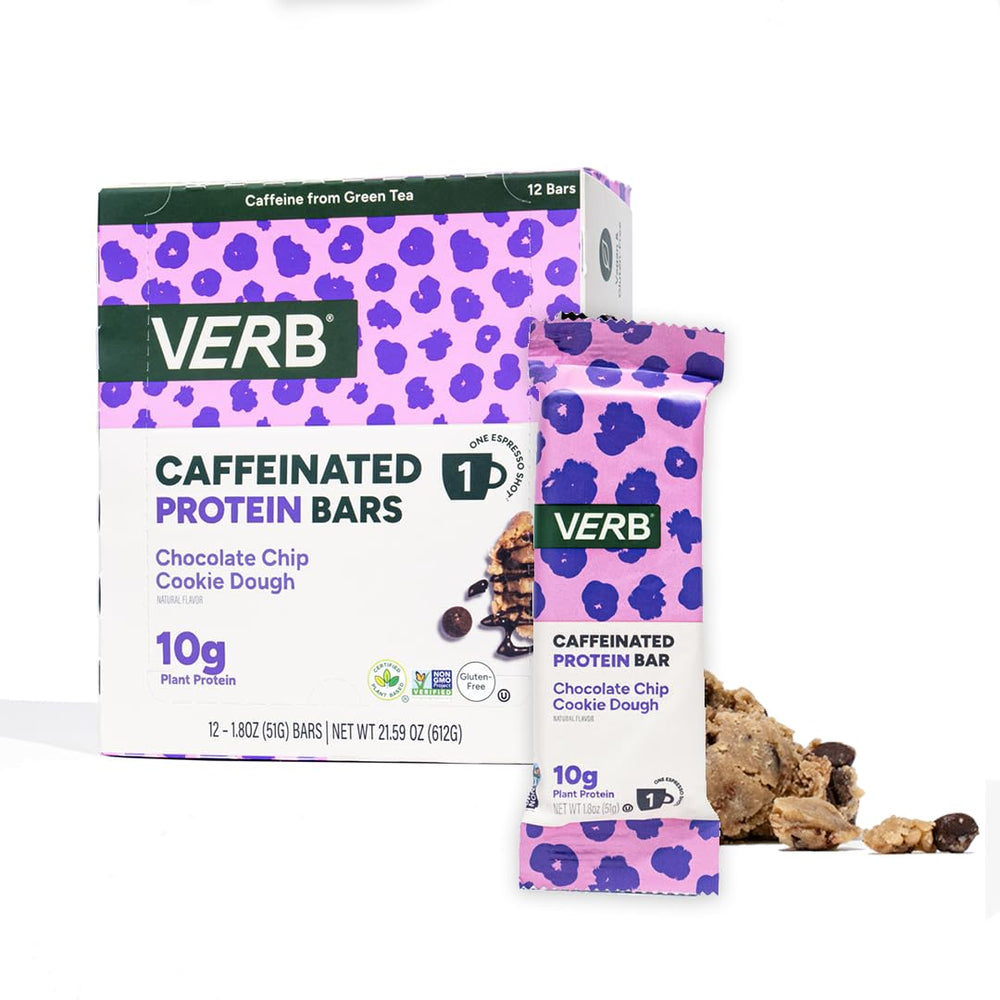 Verb Energy bar packaging shows chocolate chip cookie dough flavor for on-the-go focus.