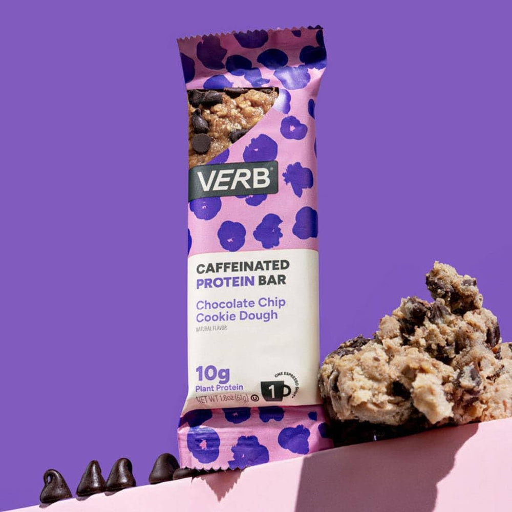 Verb Energy bar texture shot shows 10g protein and low sugar appeal for busy days.